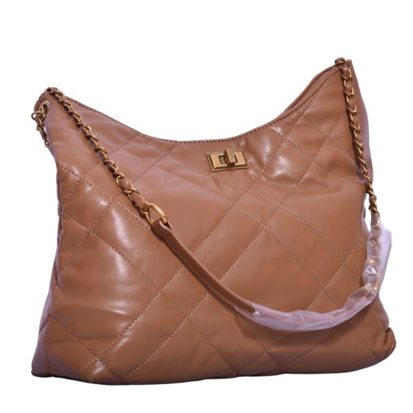 coffee brown shoulder bag with polished metal sling strap