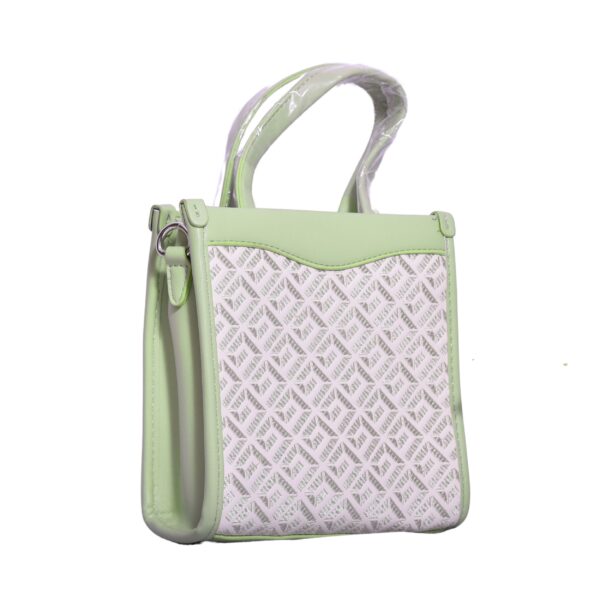 mint green sling handbag with scarf handle and embossed design