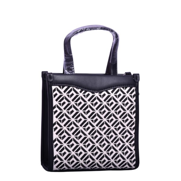 black structured sling handbag with fabric strap