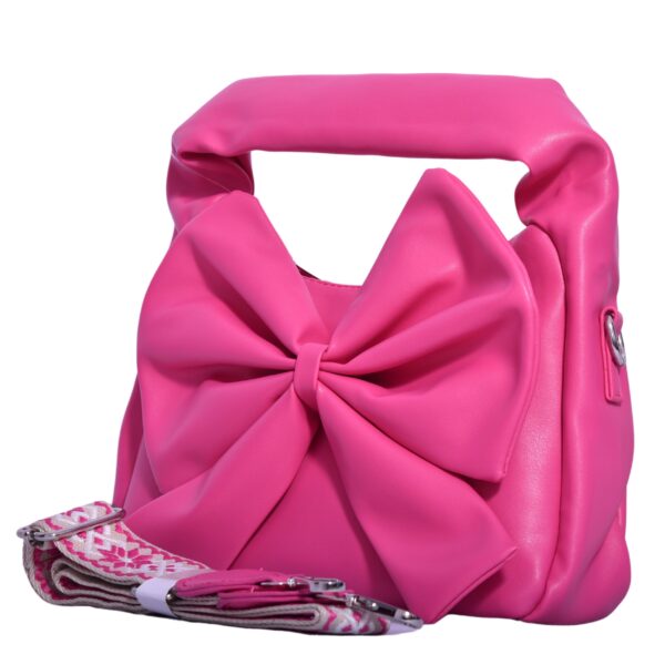 dark pink bow bag with wide strap and top handle