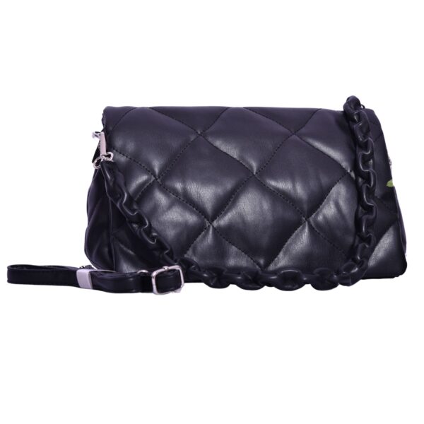 black quilted shoulder bag with braided handle and adjustable strap