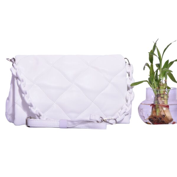 white quilted shoulder bag with braided handle and detachable strap